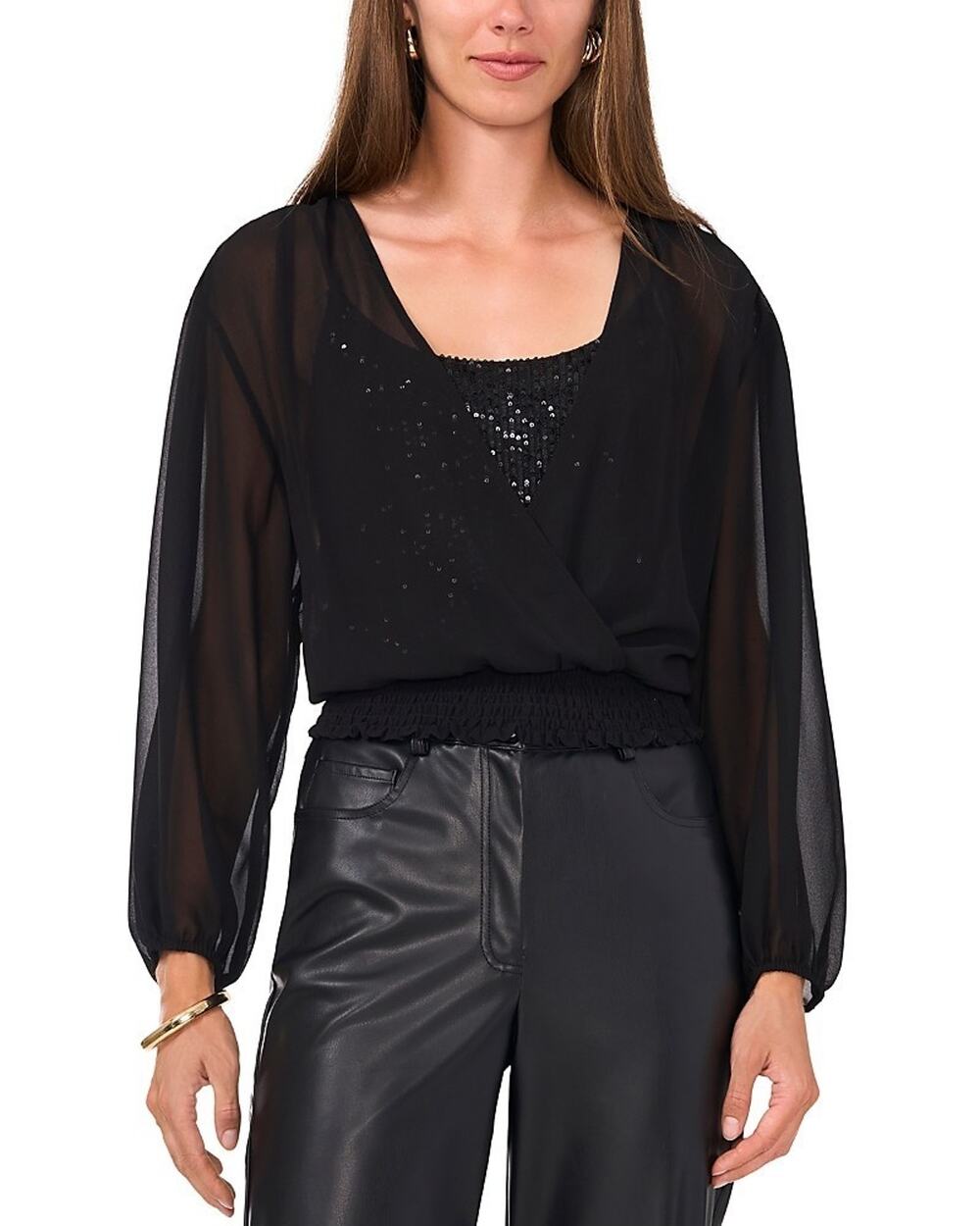 Vince Camuto Women's Overlapping Sequin Long-Sleeve Top Black Size XL 3987